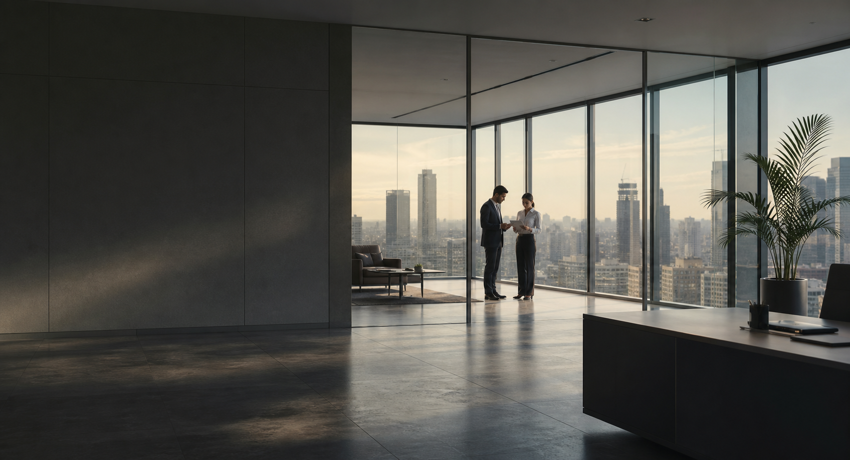 Modern advisory office with professionals reviewing a business plan